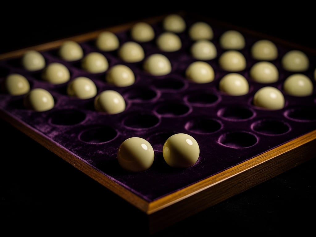 Ivory lottery balls resting in the hollows of a violet velvet tray