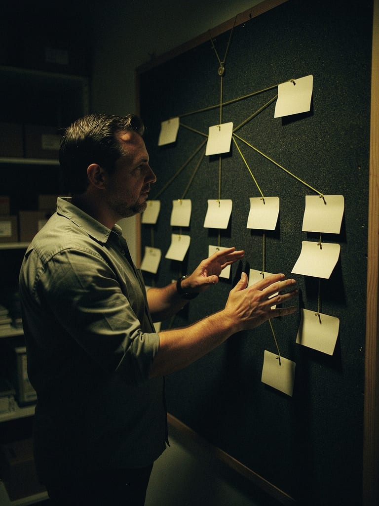 A trainer pinning cards and string on a board to map how a smart assistant would sort shop tasks