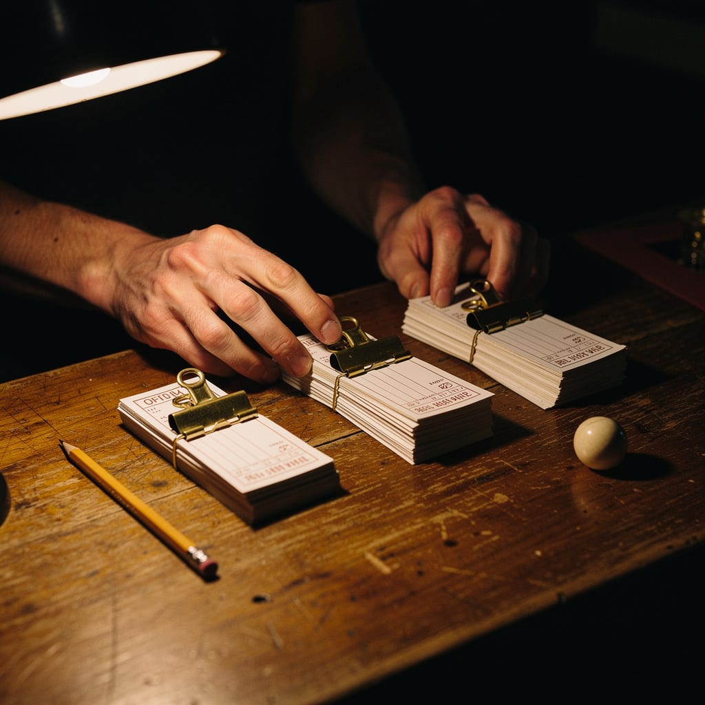 Hands sorting stacks of blank betting slips into labelled-free piles beside a brass ball clip