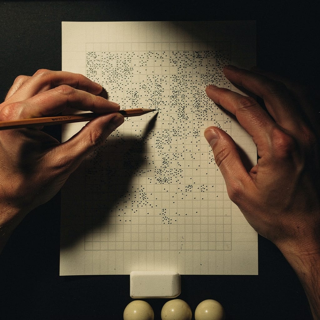 Hands plotting the frequency of past draws as dots on graph paper with a pencil