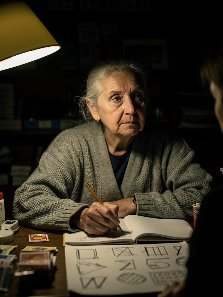 An older lottery shop owner listening intently during a training session, hand resting on an open notebook