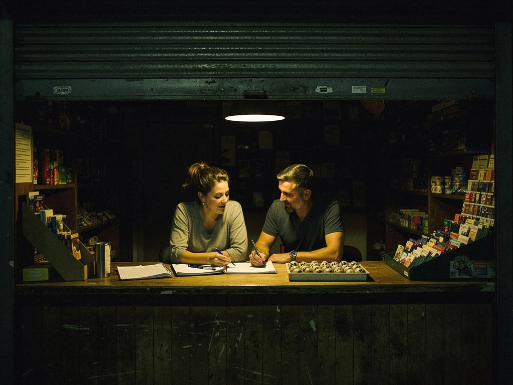 A small lottery shop after closing, with an owner and a trainer working at the counter under a single lamp